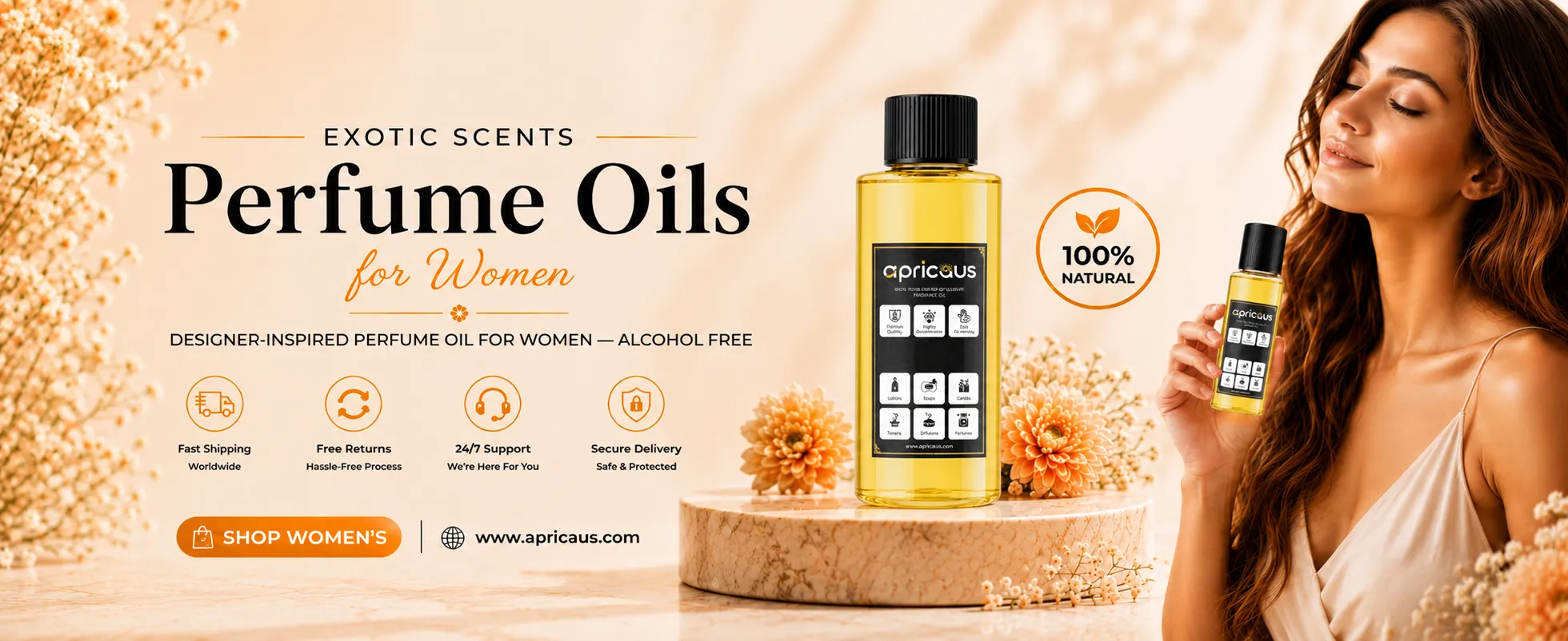 Apricaus perfume oils for women collection featuring exotic fragrances and designer-inspired alcohol-free body oils