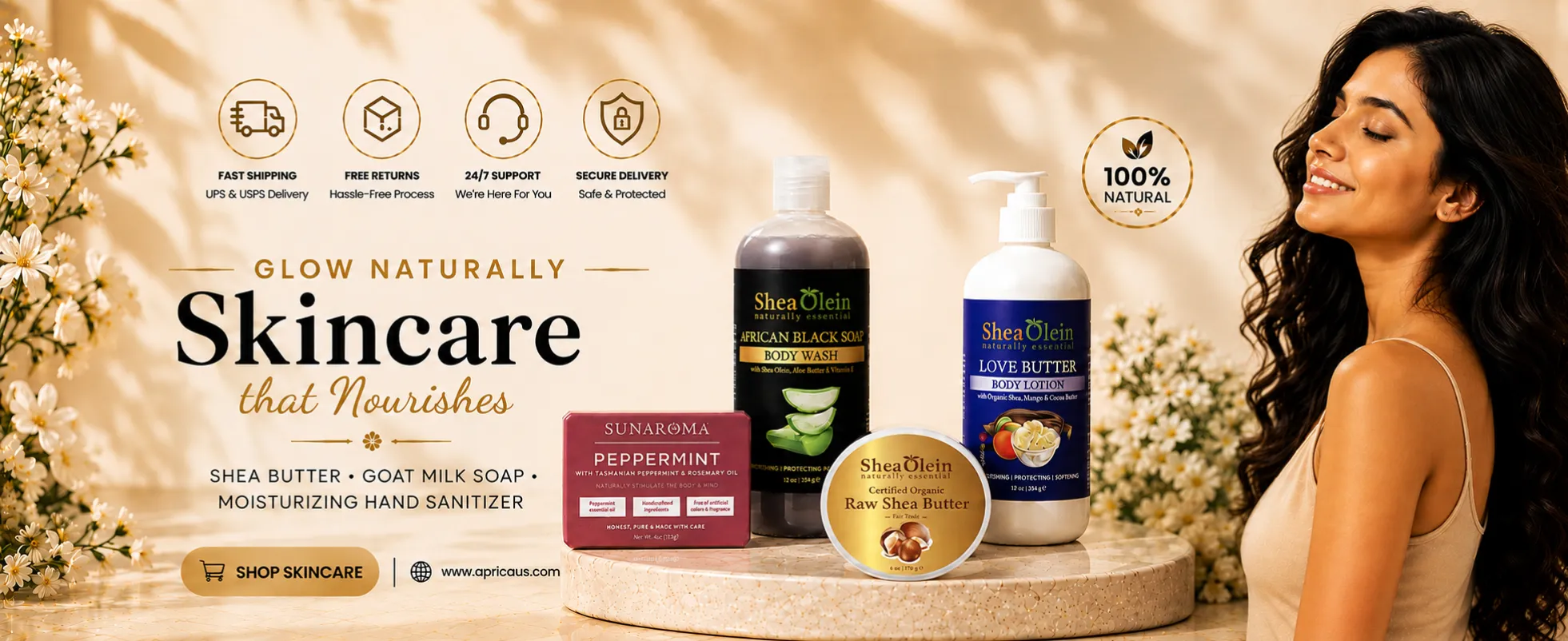 Apricaus natural skincare products including shea butter, goat milk soap, and moisturizing hand sanitizer